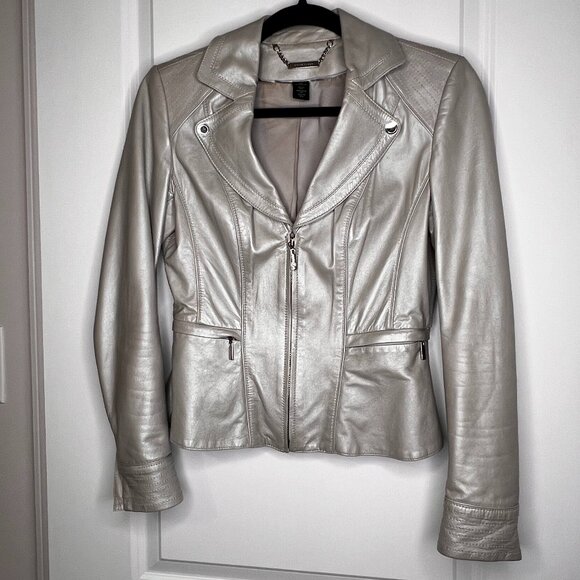<RARE> Silver Leather Peplum Jacket - WHBM - Picture 1 of 7